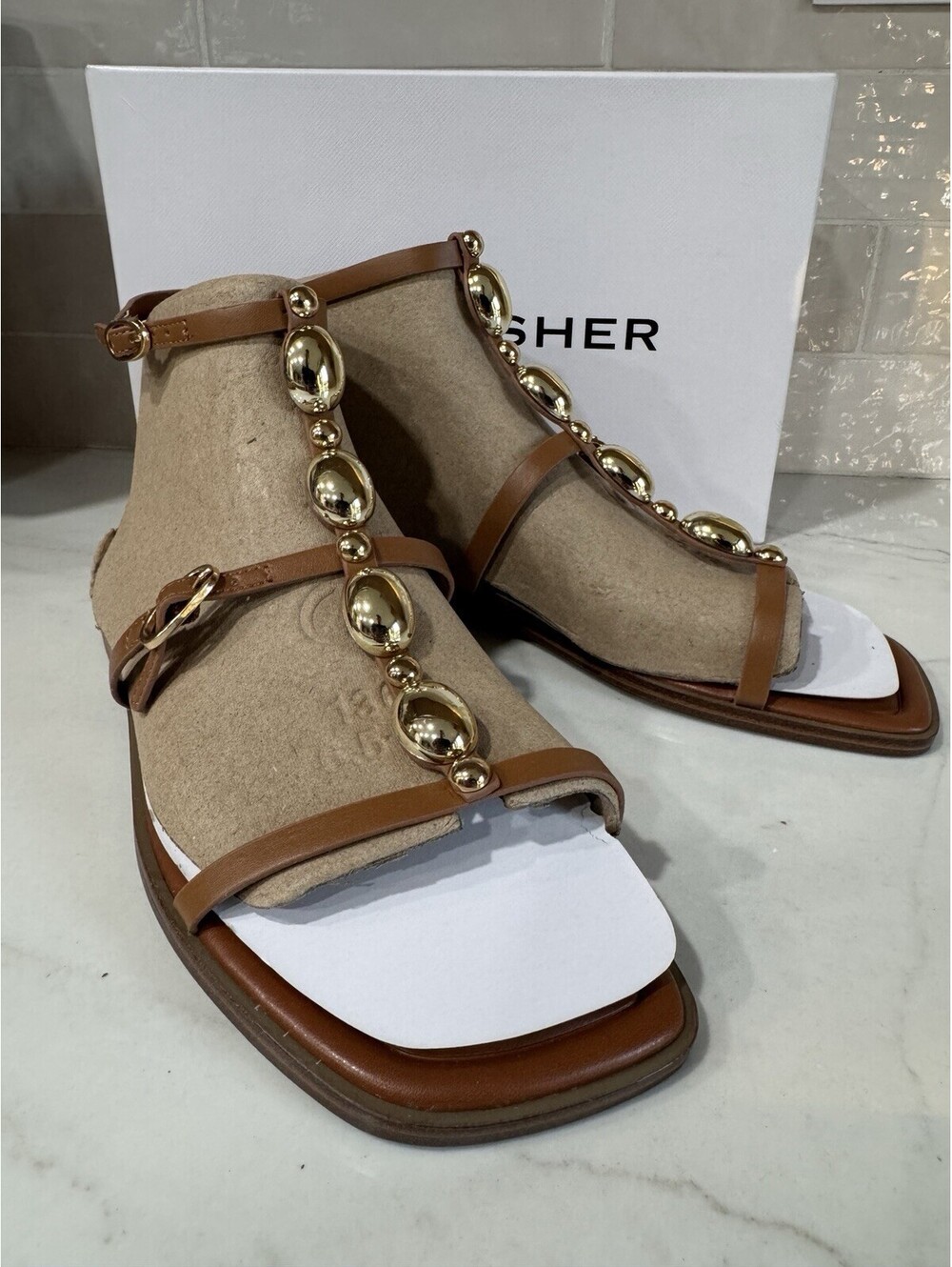Women's Marc Fisher Folai Ornamented Gladiator Flat Sandals Medium Brown 7.5